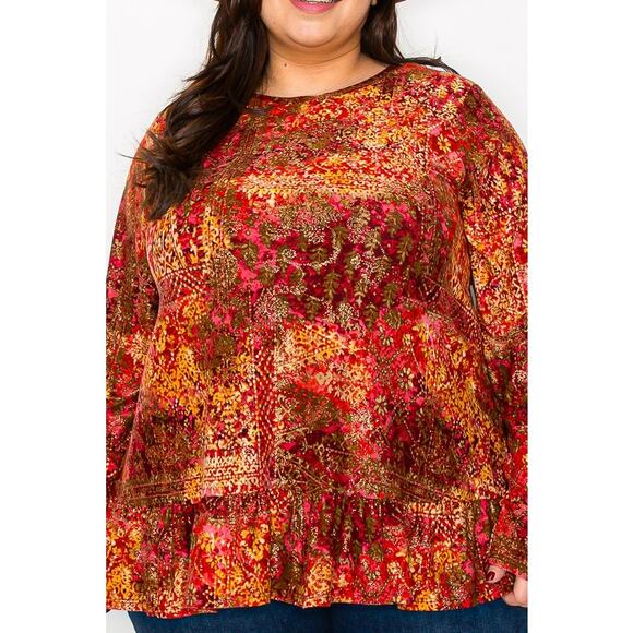 064 Curvy Lovey Boho Glitter Multi Print Frill Hem Tunic Top in Red - Picture 4 of 5
